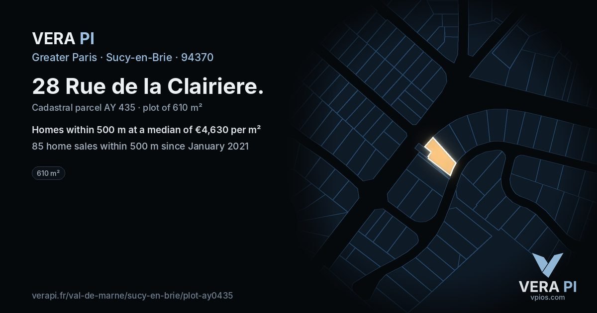 28 Rue de la Clairiere, Sucy-en-Brie at night – the plot lit, the parcels around coloured by the prices near them