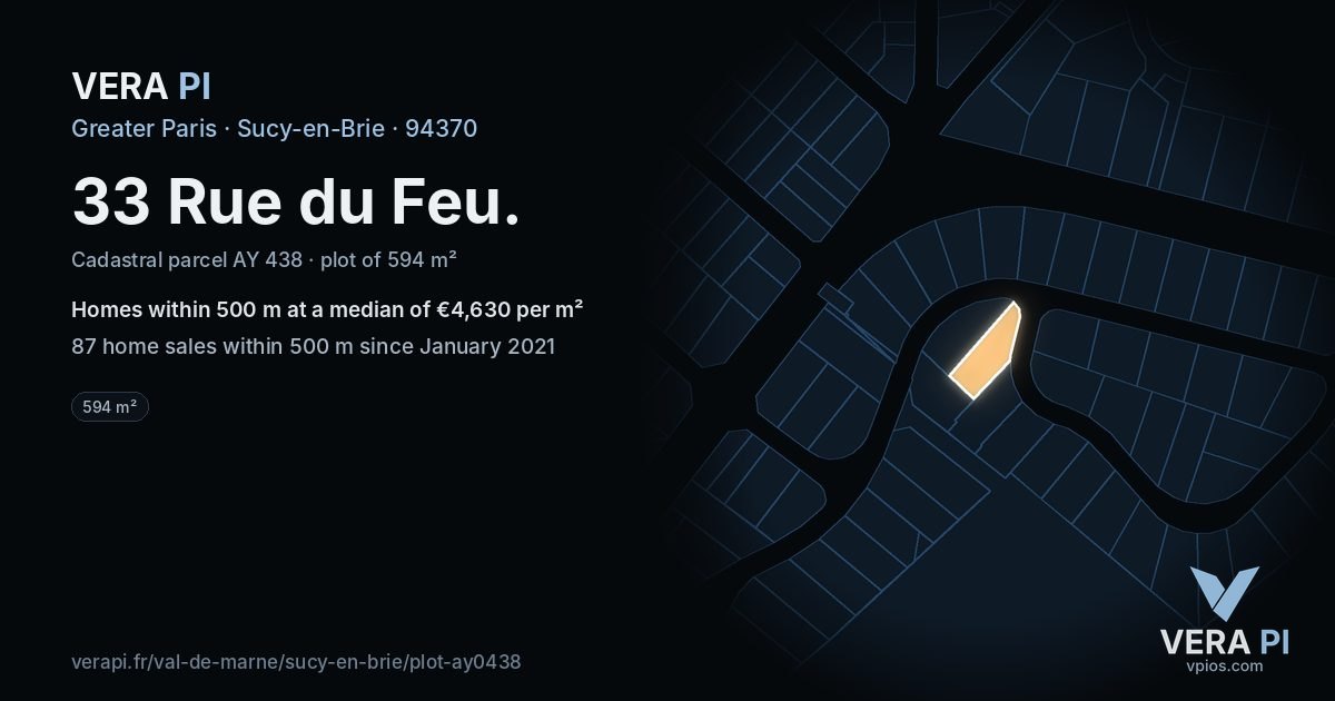 33 Rue du Feu, Sucy-en-Brie at night – the plot lit, the parcels around coloured by the prices near them