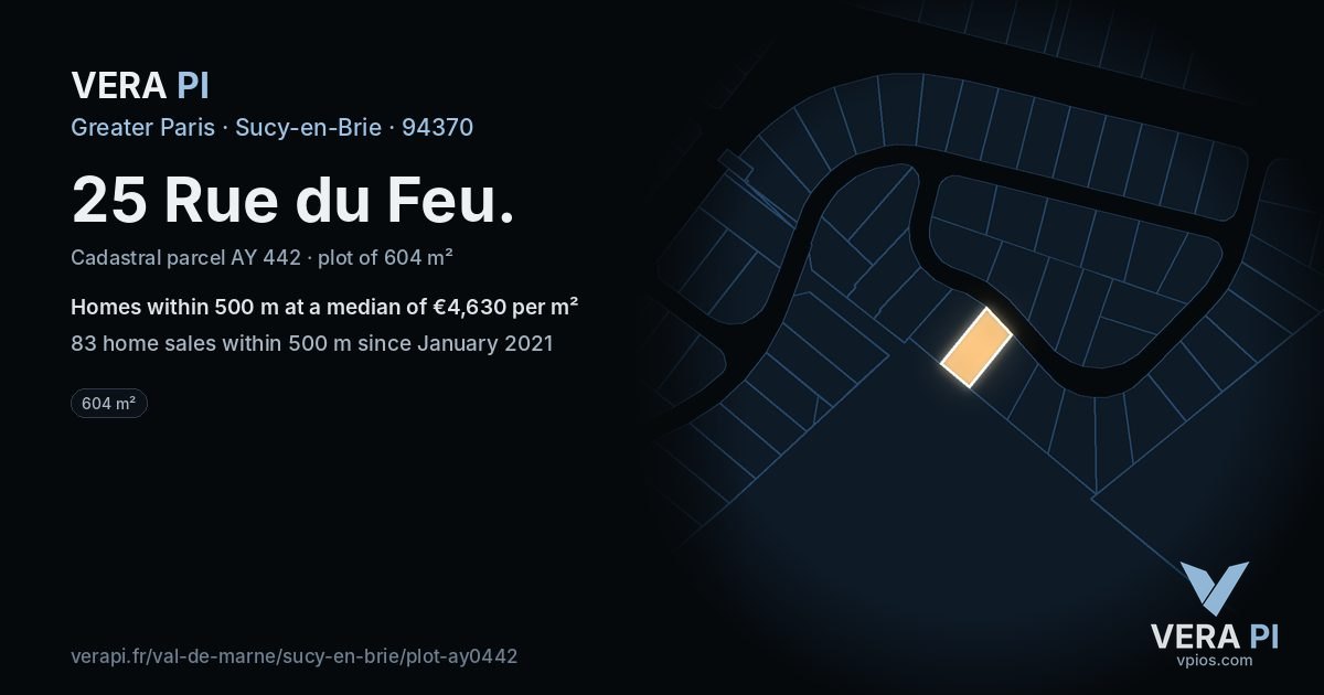 25 Rue du Feu, Sucy-en-Brie at night – the plot lit, the parcels around coloured by the prices near them