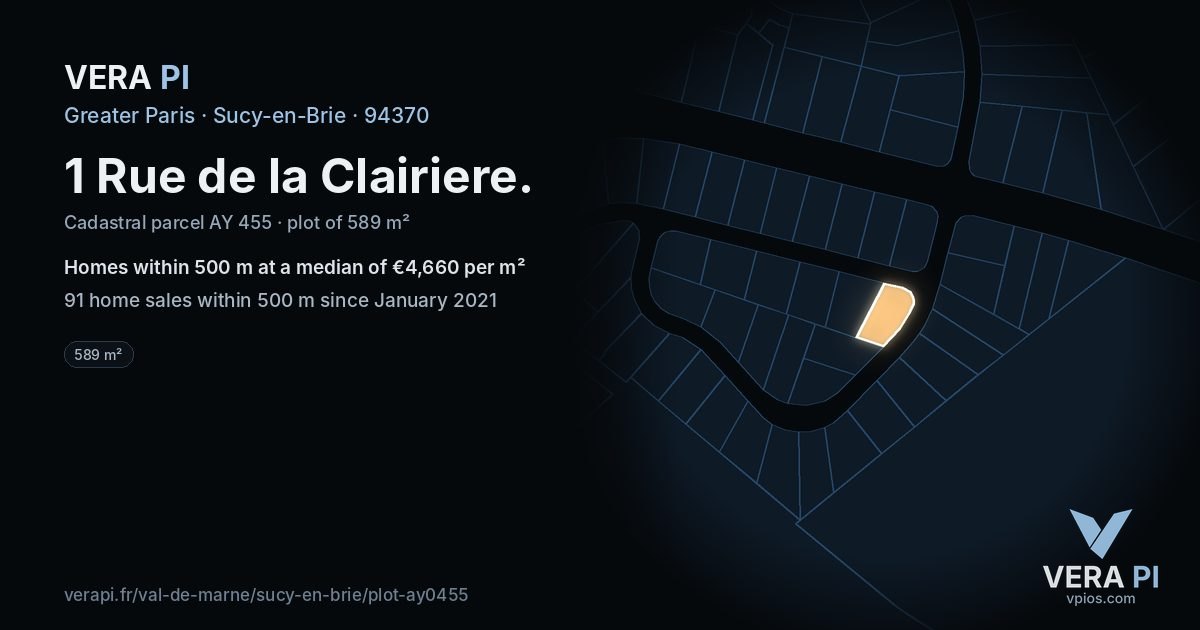 1 Rue de la Clairiere, Sucy-en-Brie at night – the plot lit, the parcels around coloured by the prices near them
