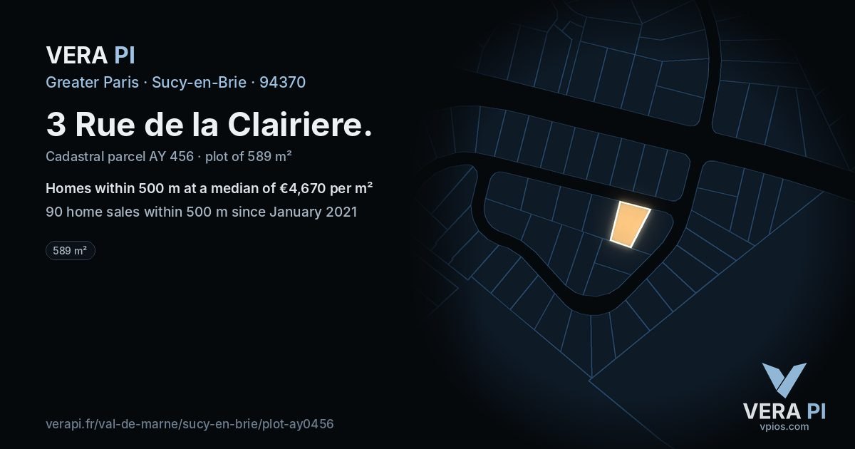 3 Rue de la Clairiere, Sucy-en-Brie at night – the plot lit, the parcels around coloured by the prices near them