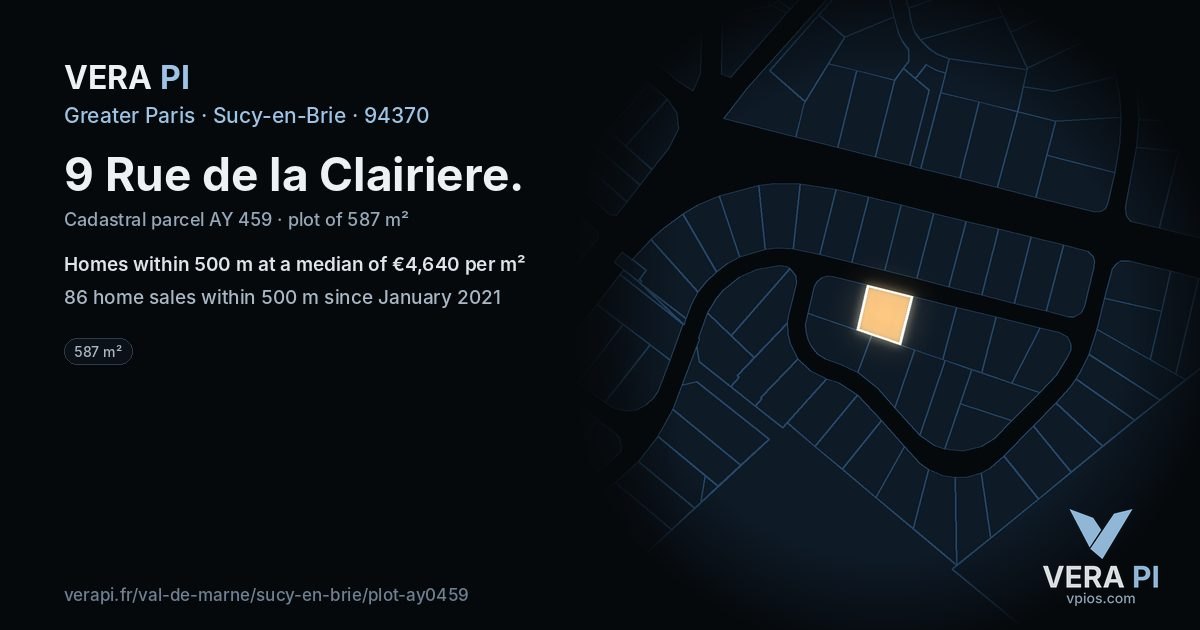 9 Rue de la Clairiere, Sucy-en-Brie at night – the plot lit, the parcels around coloured by the prices near them