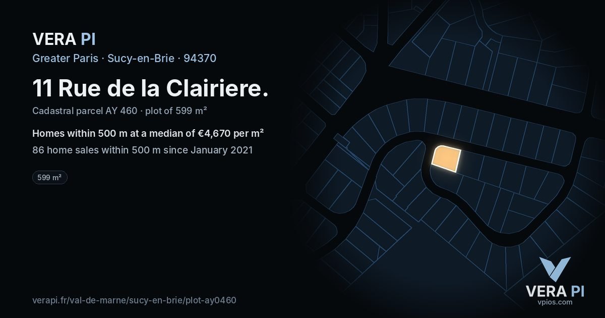 11 Rue de la Clairiere, Sucy-en-Brie at night – the plot lit, the parcels around coloured by the prices near them