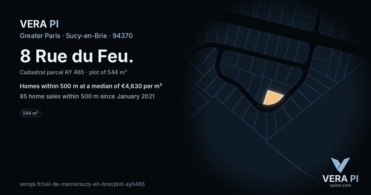 8 Rue du Feu, Sucy-en-Brie at night – the plot lit, the parcels around coloured by the prices near them