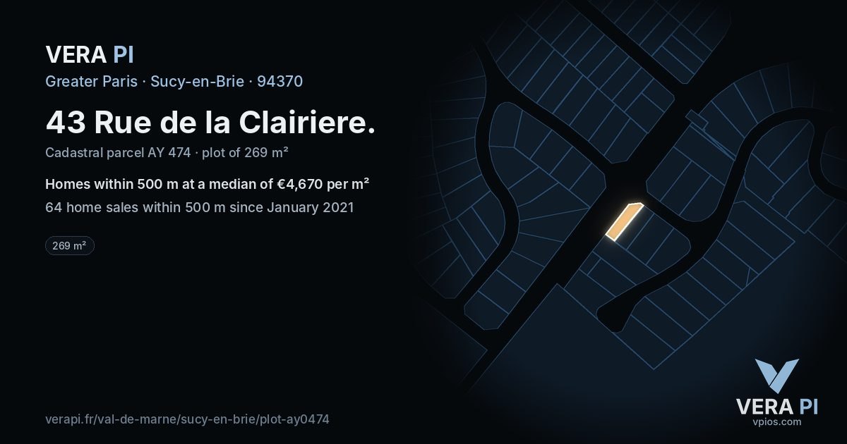 43 Rue de la Clairiere, Sucy-en-Brie at night – the plot lit, the parcels around coloured by the prices near them