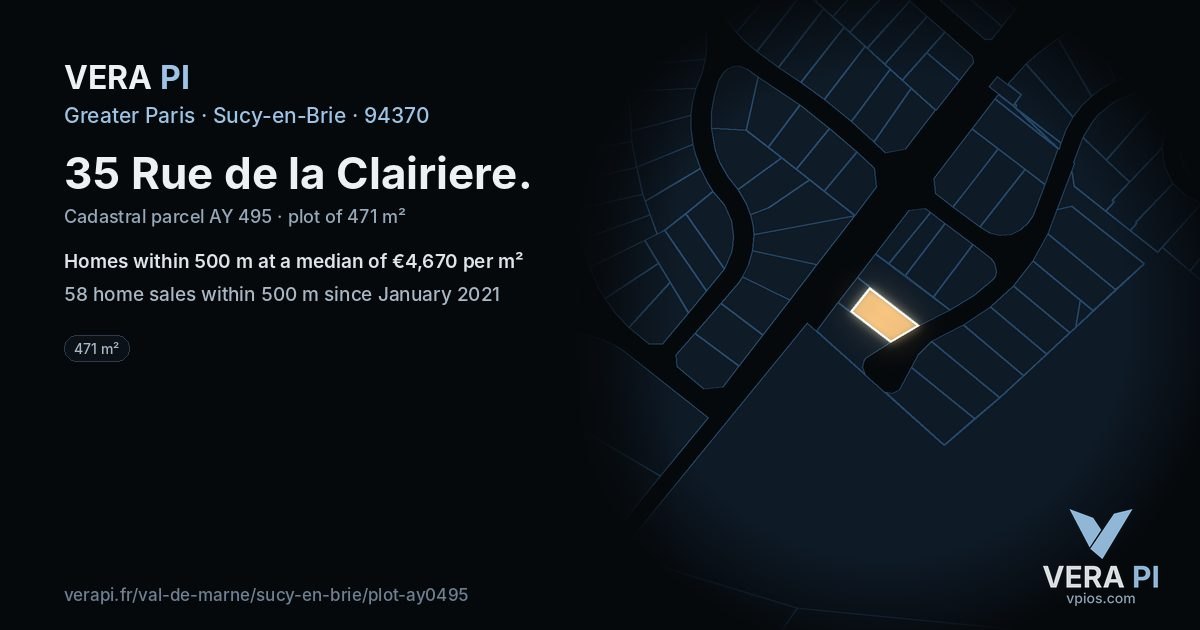 35 Rue de la Clairiere, Sucy-en-Brie at night – the plot lit, the parcels around coloured by the prices near them