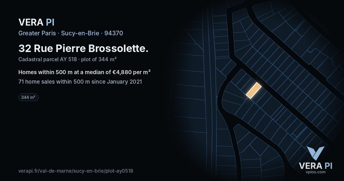 32 Rue Pierre Brossolette, Sucy-en-Brie at night – the plot lit, the parcels around coloured by the prices near them