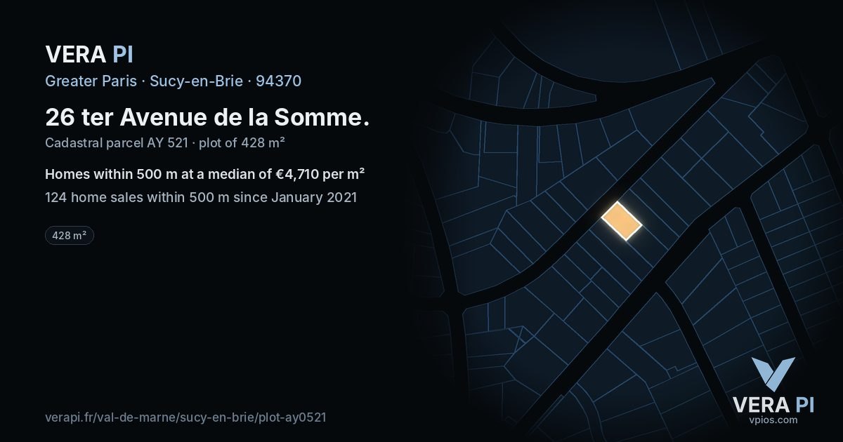 26 ter Avenue de la Somme, Sucy-en-Brie at night – the plot lit, the parcels around coloured by the prices near them