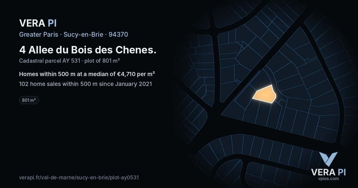 4 Allee du Bois des Chenes, Sucy-en-Brie at night – the plot lit, the parcels around coloured by the prices near them