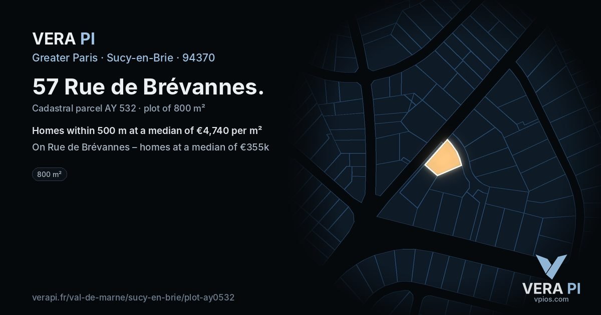 57 Rue de Brévannes, Sucy-en-Brie at night – the plot lit, the parcels around coloured by the prices near them