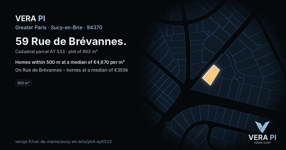 59 Rue de Brévannes, Sucy-en-Brie at night – the plot lit, the parcels around coloured by the prices near them
