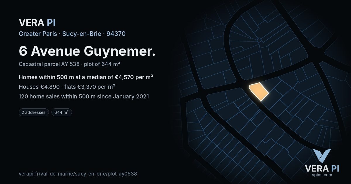 6 Avenue Guynemer, Sucy-en-Brie at night – the plot lit, the parcels around coloured by the prices near them