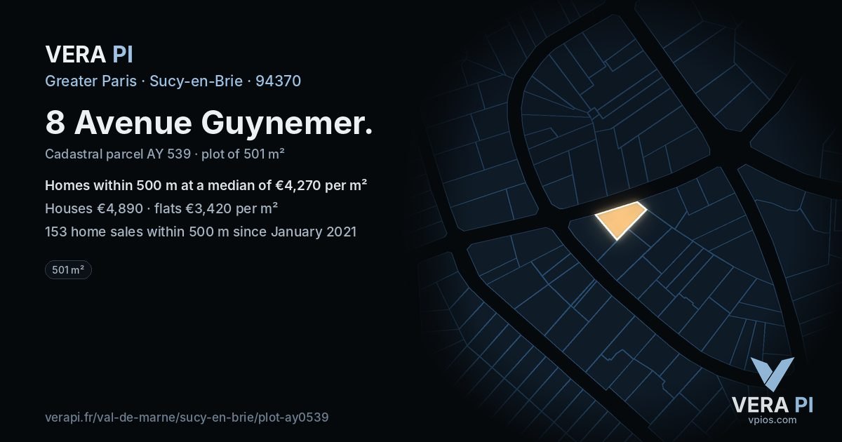 8 Avenue Guynemer, Sucy-en-Brie at night – the plot lit, the parcels around coloured by the prices near them
