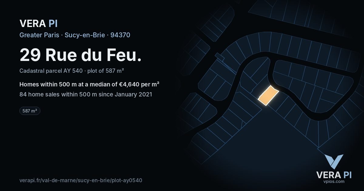 29 Rue du Feu, Sucy-en-Brie at night – the plot lit, the parcels around coloured by the prices near them