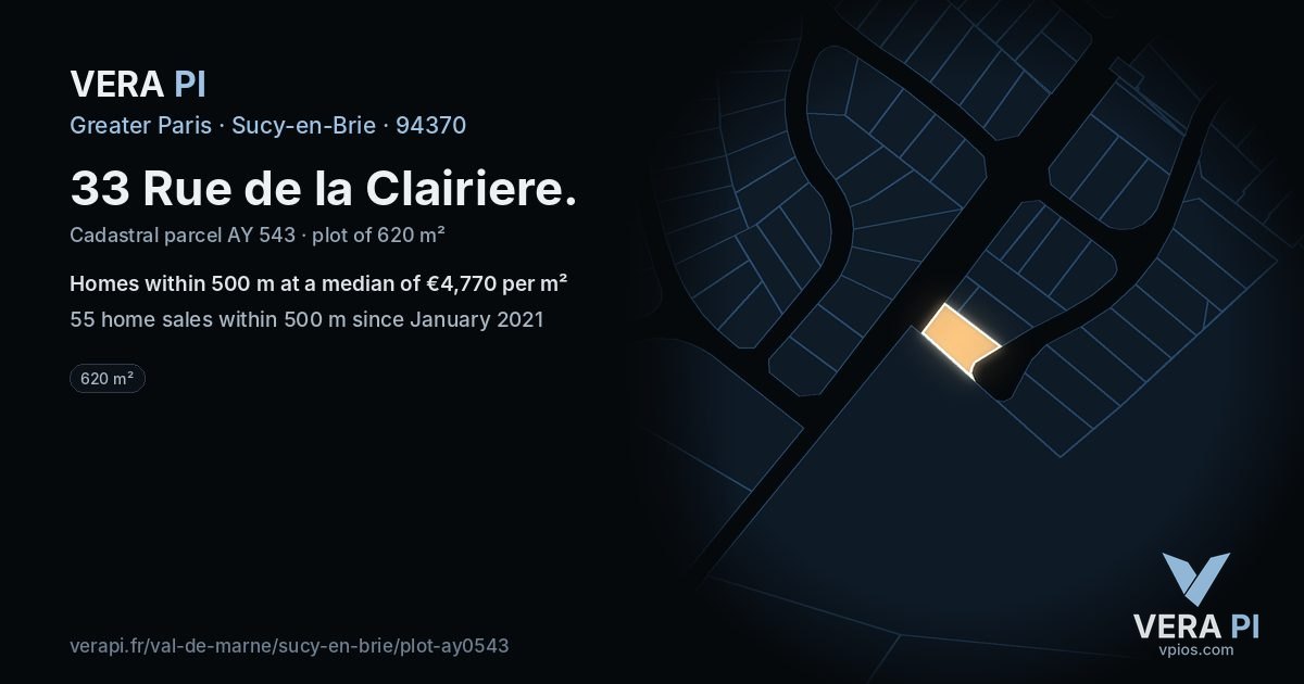 33 Rue de la Clairiere, Sucy-en-Brie at night – the plot lit, the parcels around coloured by the prices near them