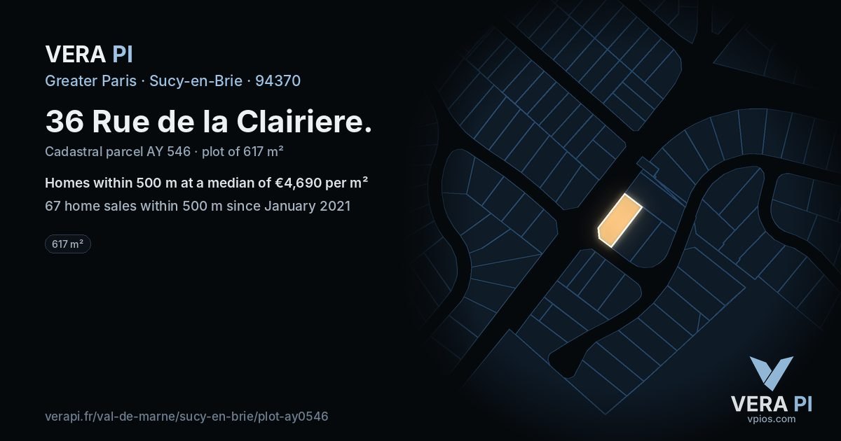 36 Rue de la Clairiere, Sucy-en-Brie at night – the plot lit, the parcels around coloured by the prices near them