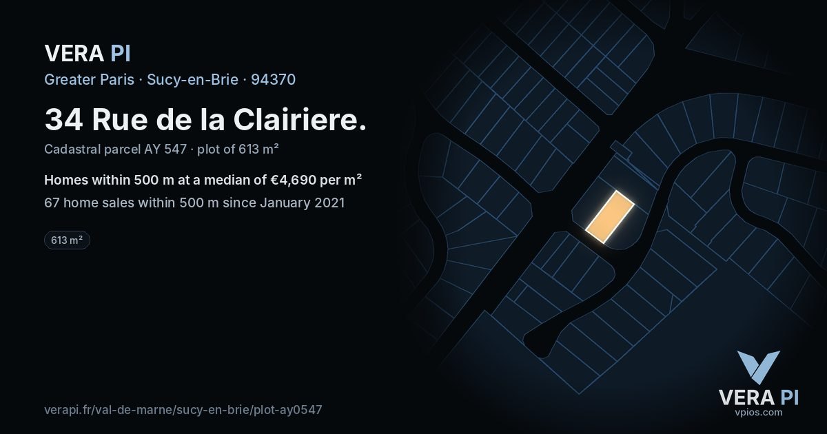34 Rue de la Clairiere, Sucy-en-Brie at night – the plot lit, the parcels around coloured by the prices near them