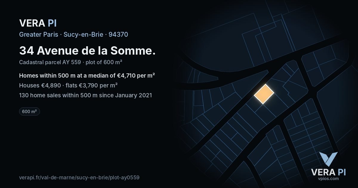 34 Avenue de la Somme, Sucy-en-Brie at night – the plot lit, the parcels around coloured by the prices near them