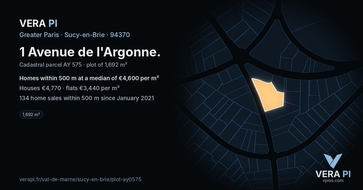 1 Avenue de l'Argonne, Sucy-en-Brie at night – the plot lit, the parcels around coloured by the prices near them