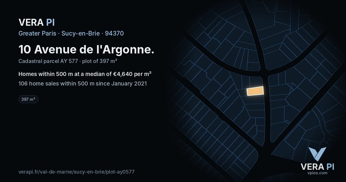 10 Avenue de l'Argonne, Sucy-en-Brie at night – the plot lit, the parcels around coloured by the prices near them