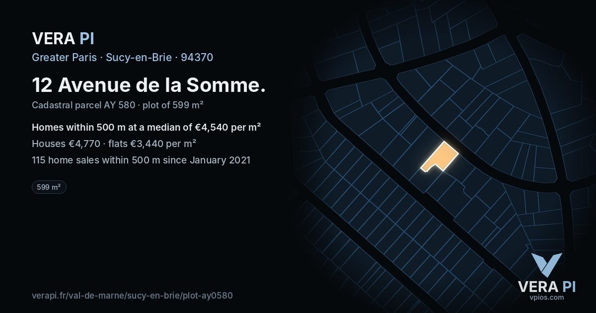 12 Avenue de la Somme, Sucy-en-Brie at night – the plot lit, the parcels around coloured by the prices near them