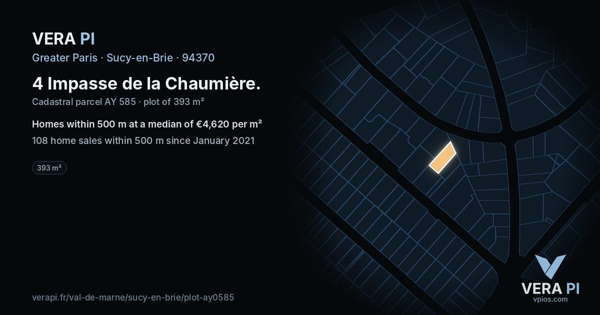 4 Impasse de la Chaumière, Sucy-en-Brie at night – the plot lit, the parcels around coloured by the prices near them