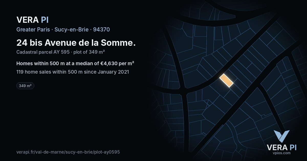 24 bis Avenue de la Somme, Sucy-en-Brie at night – the plot lit, the parcels around coloured by the prices near them