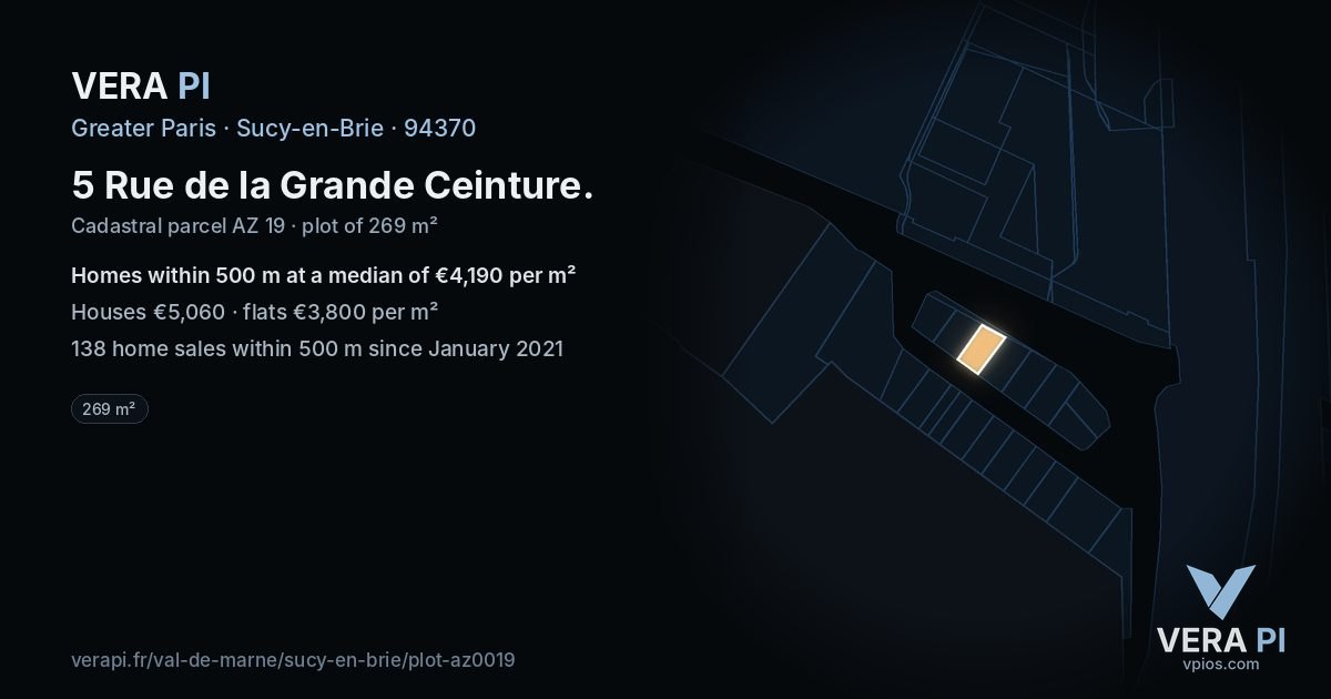 5 Rue de la Grande Ceinture, Sucy-en-Brie at night – the plot lit, the parcels around coloured by the prices near them