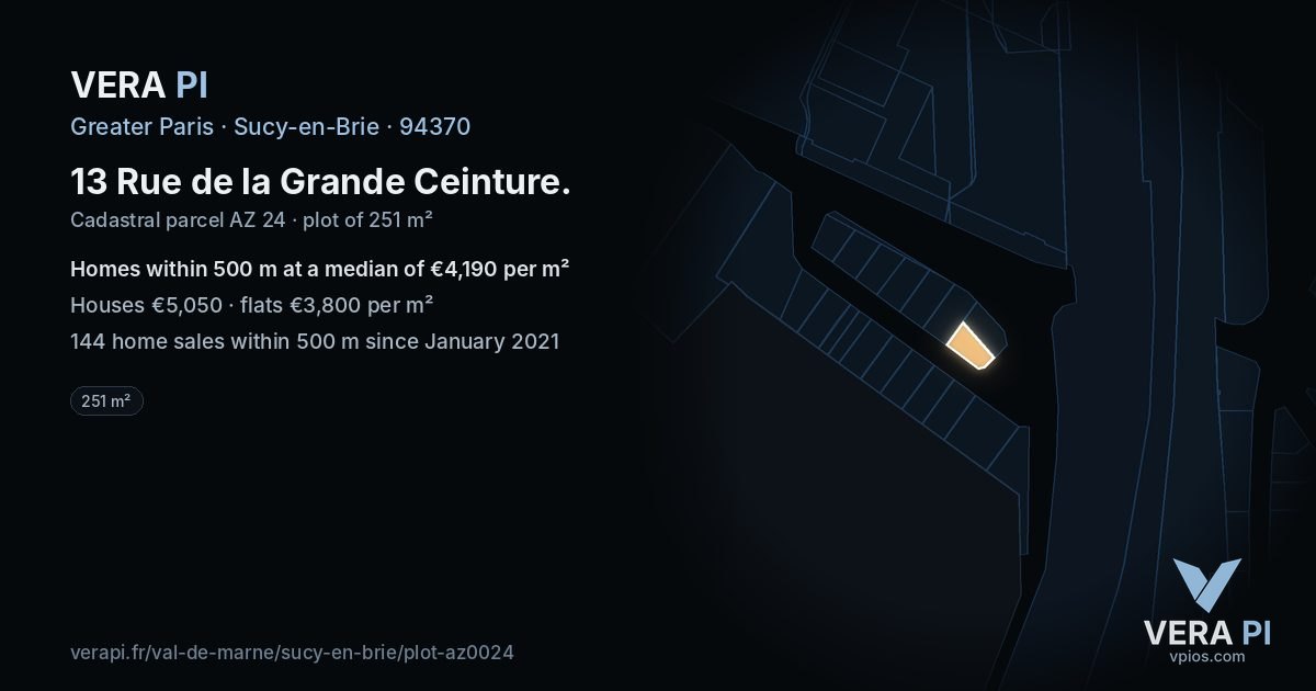 13 Rue de la Grande Ceinture, Sucy-en-Brie at night – the plot lit, the parcels around coloured by the prices near them