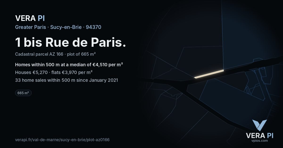 1 bis Rue de Paris, Sucy-en-Brie at night – the plot lit, the parcels around coloured by the prices near them