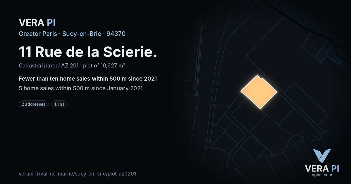 11 Rue de la Scierie, Sucy-en-Brie at night – the plot lit, the parcels around coloured by the prices near them