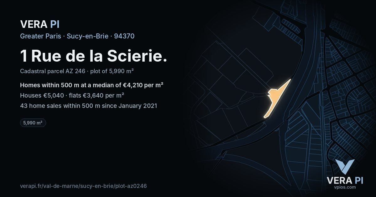 1 Rue de la Scierie, Sucy-en-Brie at night – the plot lit, the parcels around coloured by the prices near them