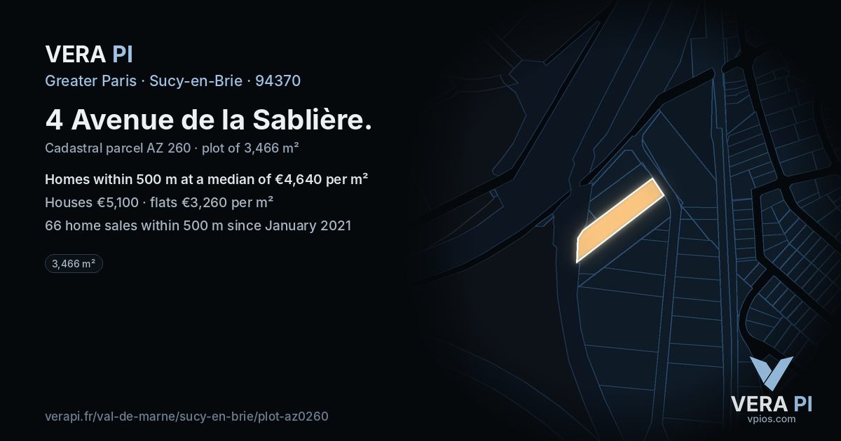 4 Avenue de la Sablière, Sucy-en-Brie at night – the plot lit, the parcels around coloured by the prices near them