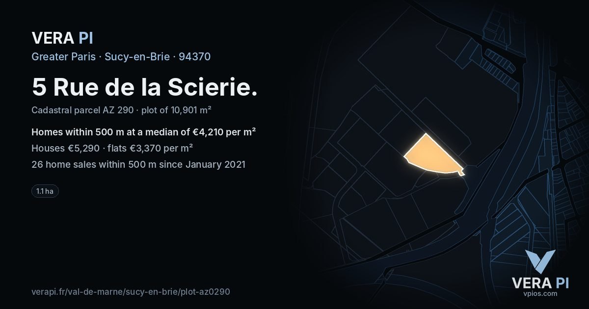 5 Rue de la Scierie, Sucy-en-Brie at night – the plot lit, the parcels around coloured by the prices near them