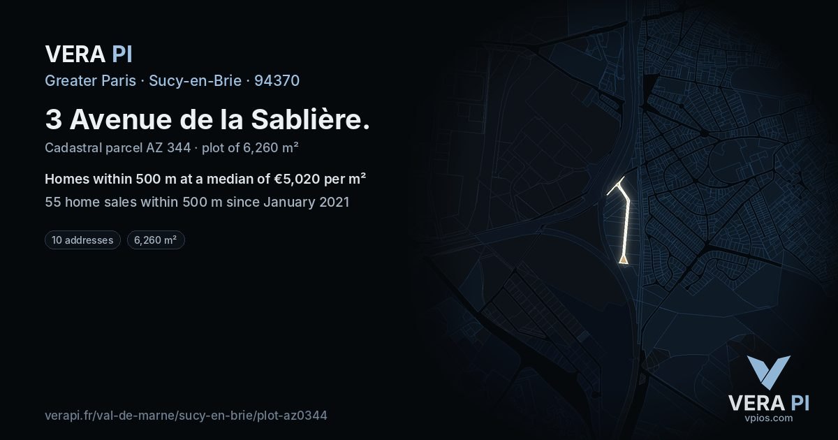 3 Avenue de la Sablière, Sucy-en-Brie at night – the plot lit, the parcels around coloured by the prices near them