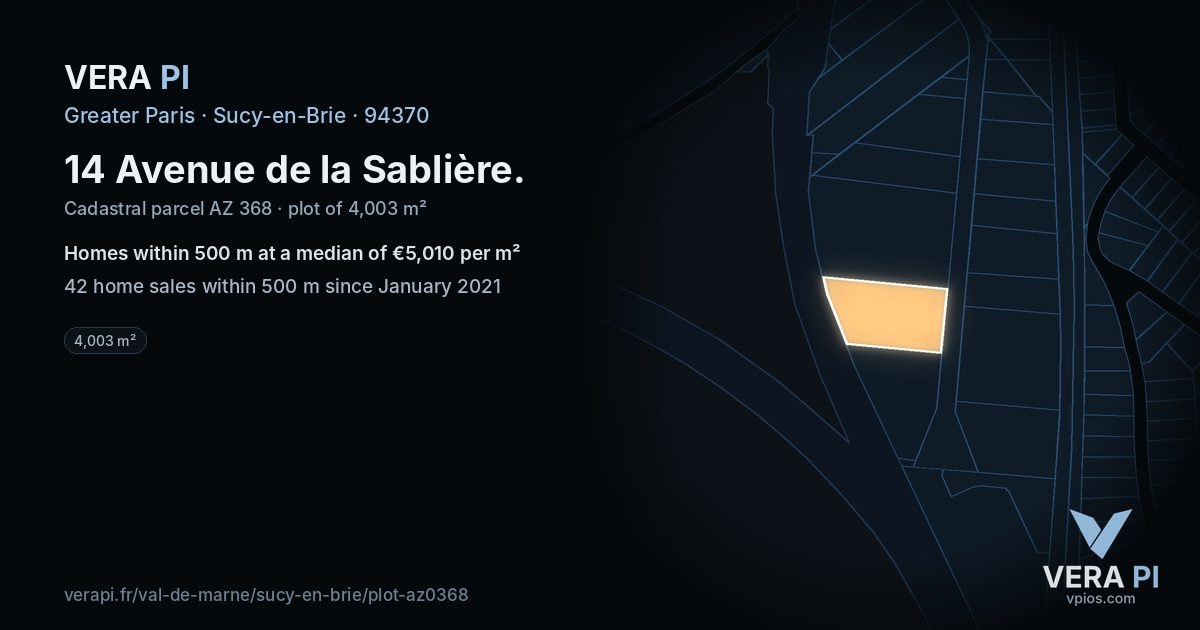 14 Avenue de la Sablière, Sucy-en-Brie at night – the plot lit, the parcels around coloured by the prices near them