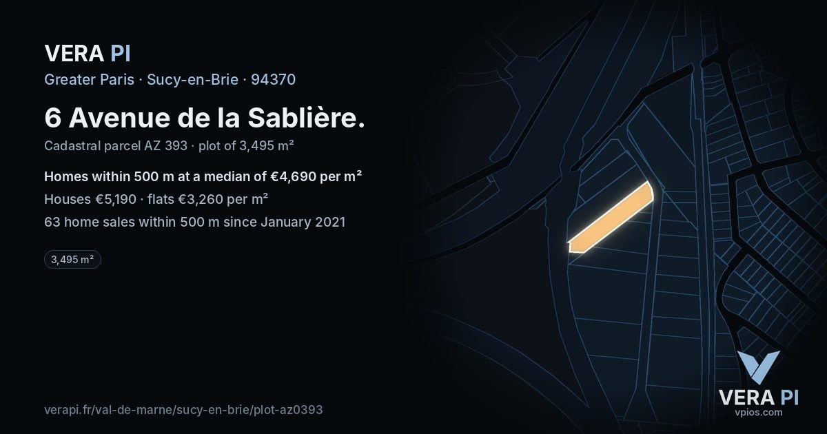 6 Avenue de la Sablière, Sucy-en-Brie at night – the plot lit, the parcels around coloured by the prices near them