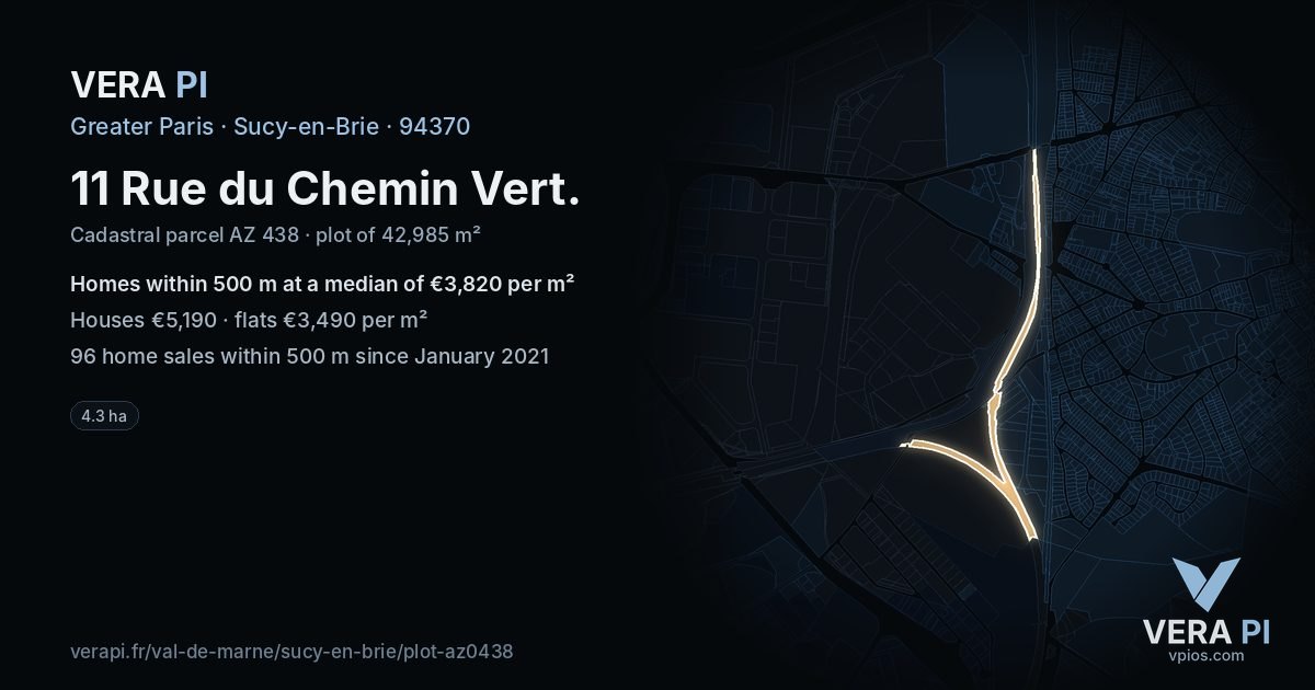 11 Rue du Chemin Vert, Sucy-en-Brie at night – the plot lit, the parcels around coloured by the prices near them