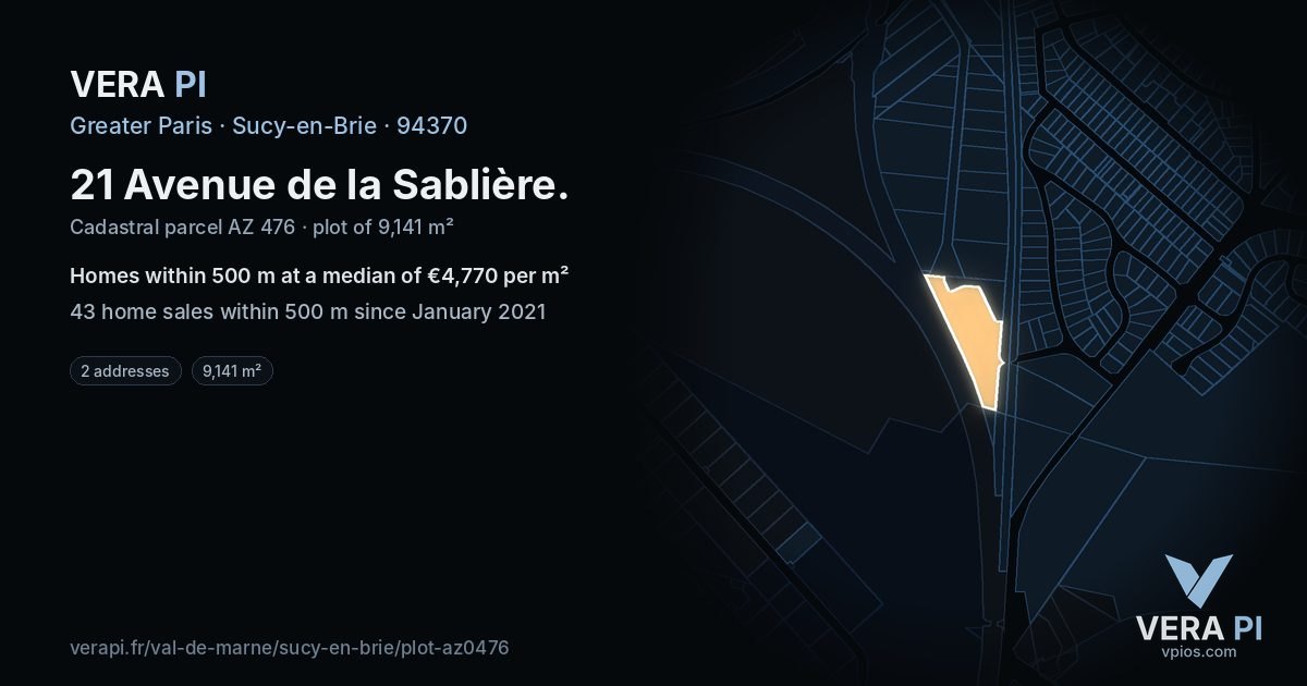 21 Avenue de la Sablière, Sucy-en-Brie at night – the plot lit, the parcels around coloured by the prices near them