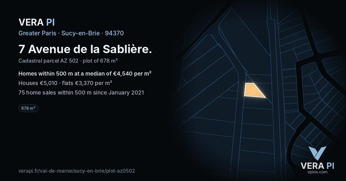 7 Avenue de la Sablière, Sucy-en-Brie at night – the plot lit, the parcels around coloured by the prices near them
