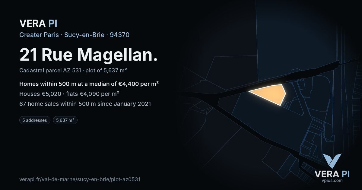 21 Rue Magellan, Sucy-en-Brie at night – the plot lit, the parcels around coloured by the prices near them