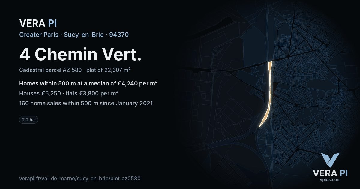 4 Chemin Vert, Sucy-en-Brie at night – the plot lit, the parcels around coloured by the prices near them