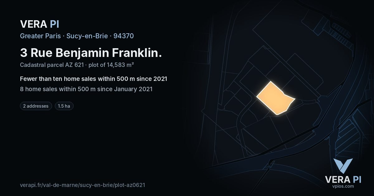 3 Rue Benjamin Franklin, Sucy-en-Brie at night – the plot lit, the parcels around coloured by the prices near them