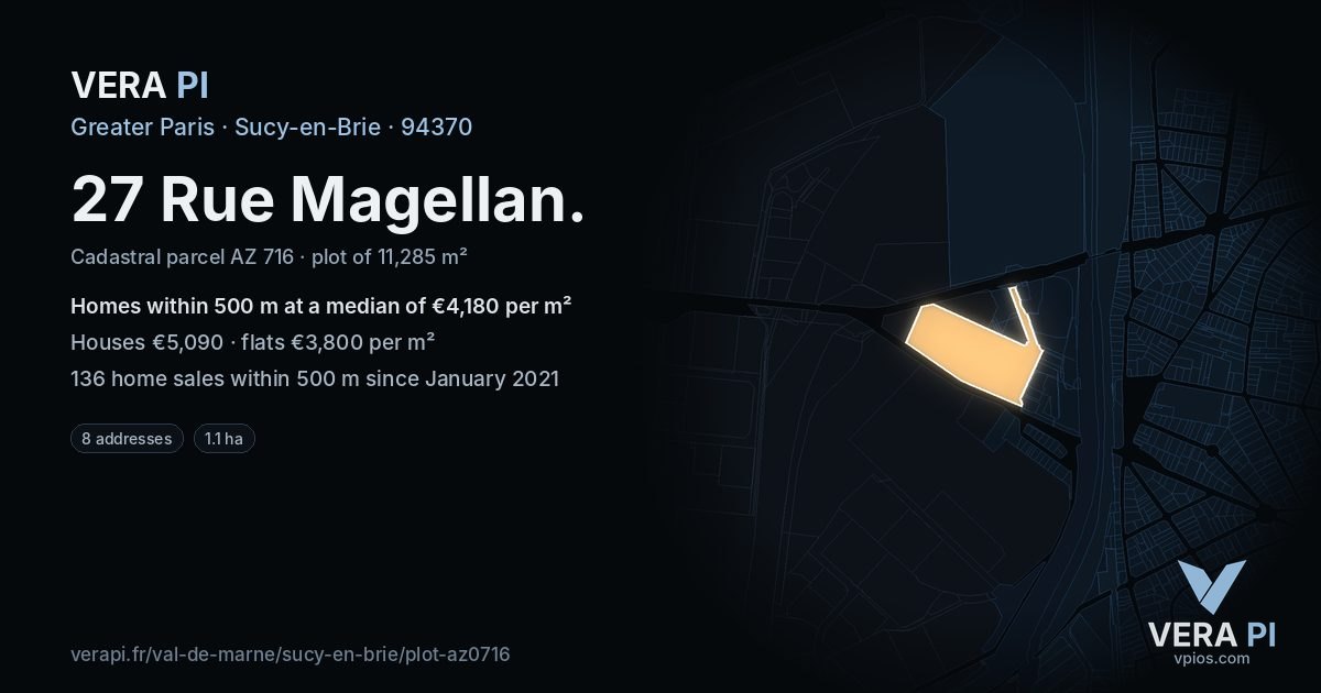 27 Rue Magellan, Sucy-en-Brie at night – the plot lit, the parcels around coloured by the prices near them