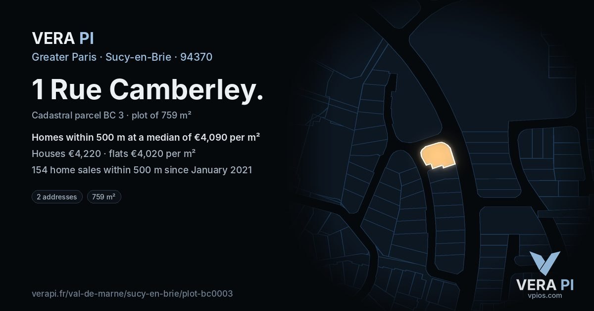 1 Rue Camberley, Sucy-en-Brie at night – the plot lit, the parcels around coloured by the prices near them
