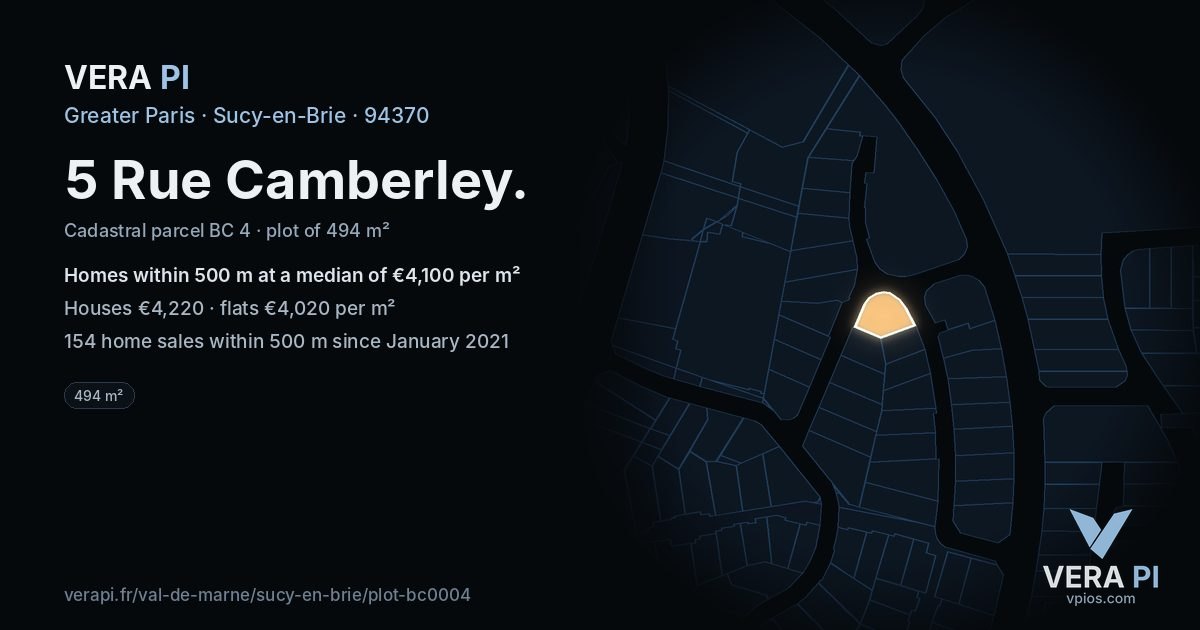 5 Rue Camberley, Sucy-en-Brie at night – the plot lit, the parcels around coloured by the prices near them