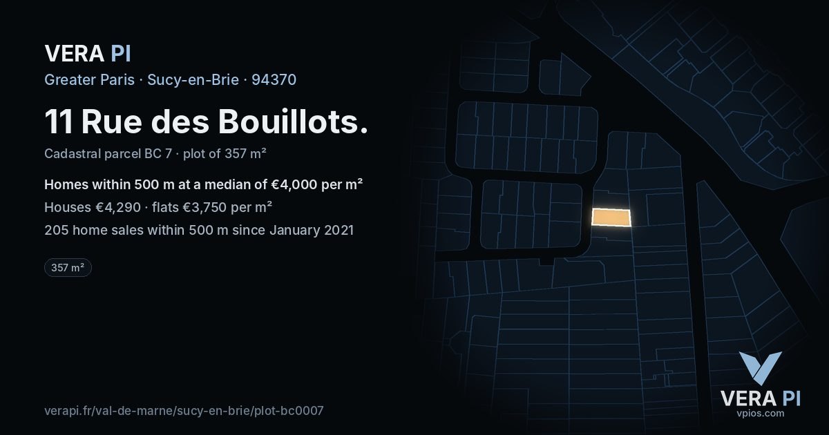 11 Rue des Bouillots, Sucy-en-Brie at night – the plot lit, the parcels around coloured by the prices near them