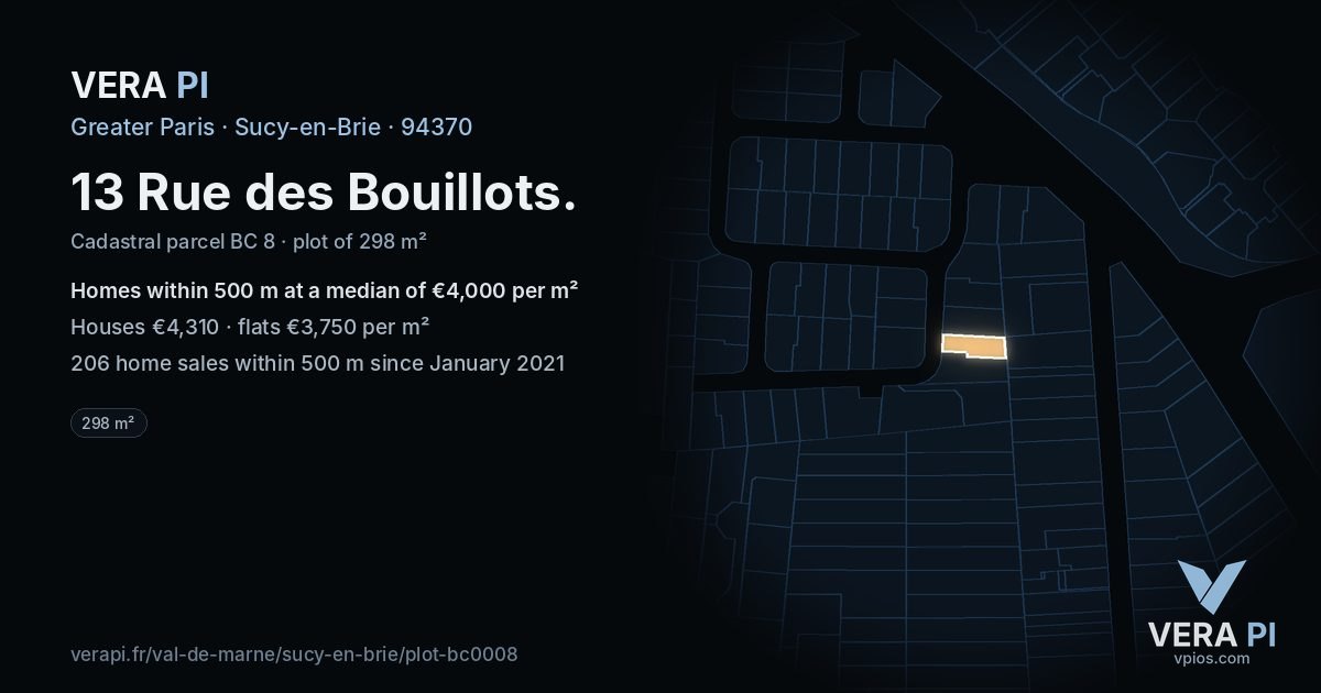 13 Rue des Bouillots, Sucy-en-Brie at night – the plot lit, the parcels around coloured by the prices near them