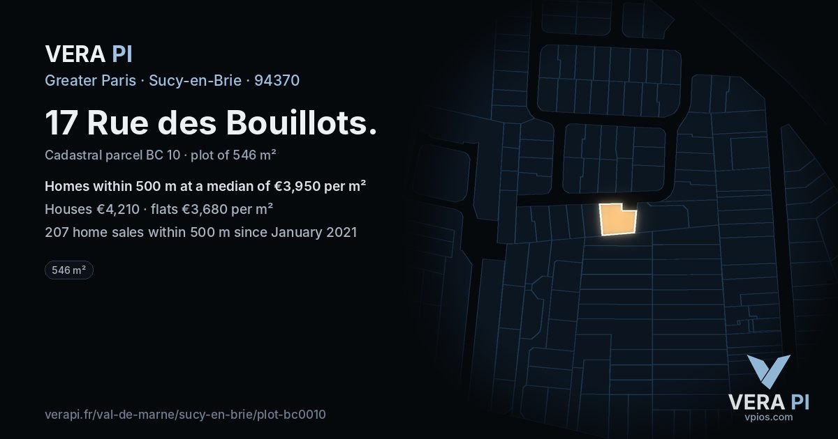 17 Rue des Bouillots, Sucy-en-Brie at night – the plot lit, the parcels around coloured by the prices near them
