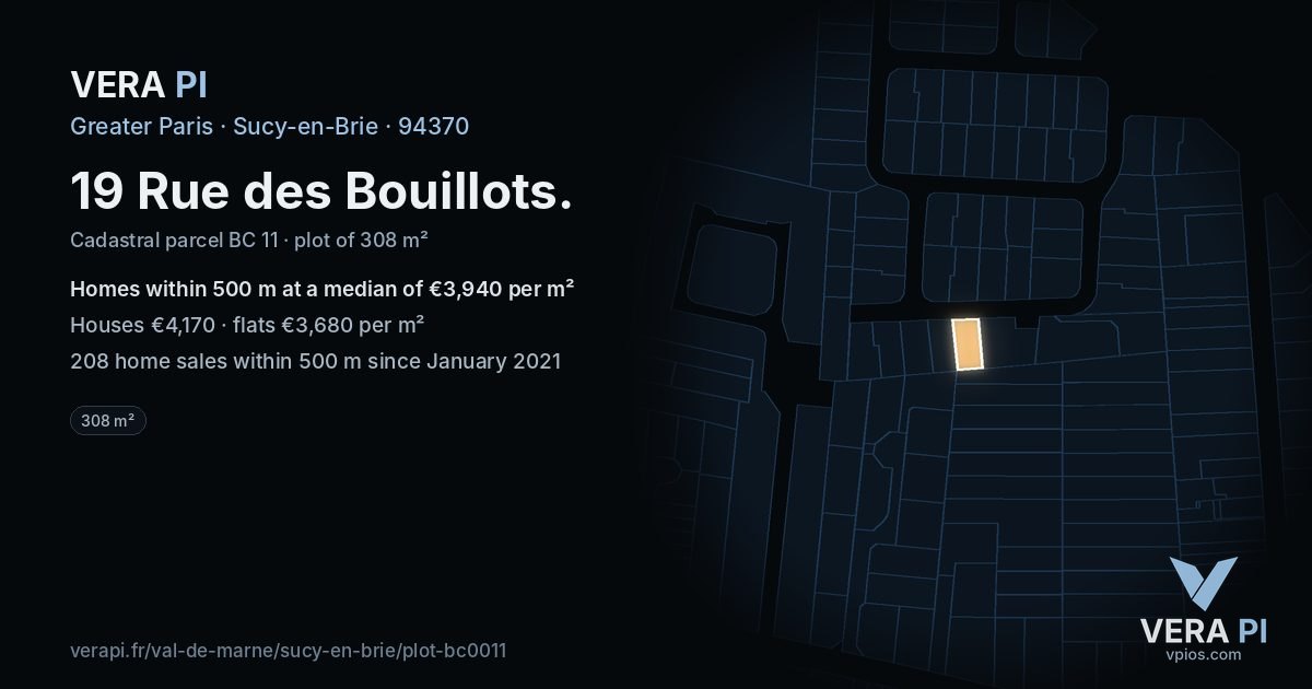 19 Rue des Bouillots, Sucy-en-Brie at night – the plot lit, the parcels around coloured by the prices near them